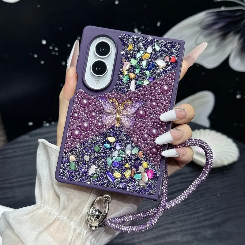 Glitter Stone Bowknot Rhinestone Phone Case With Wrist Bracelet For Samsung Galaxy Z Fold 8/Fold 8 Ultra
