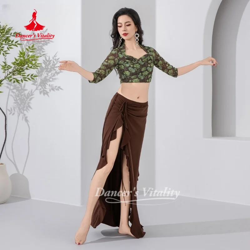 

Костюм для восточных танцев: сетчатый топ с принтом + сексуальная длинная юбка с разрезом, 2 предмета, для взрослых женщин, для занятий танцами, для танцовщиц.