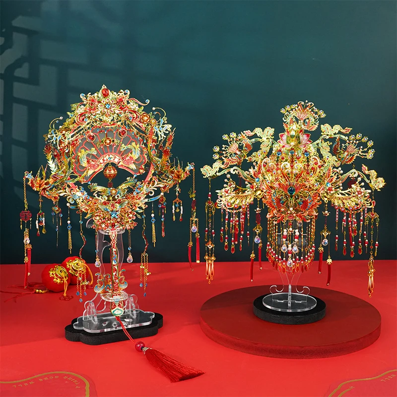 3D Metal Chinese Wedding Fan Phoenix Crown Miniature Model Set Handmade DIY Craft Gift