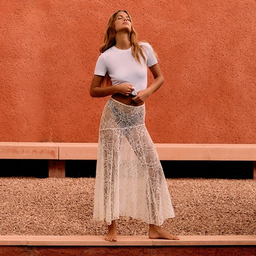 

Solid Color Lace Beach Dress Low Waist Elastic Waist Floral Lace Skirts See-Through Design Midi A-line Skirts