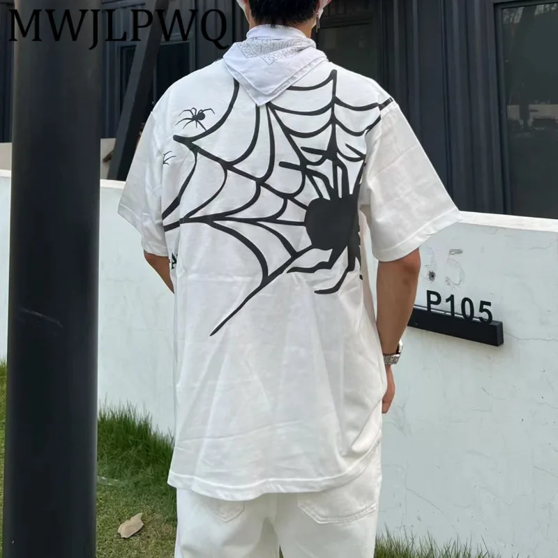 

MWJLPWQ трендовая футболка с короткими рукавами и принтом в американском стиле, мужская летняя футболка с круглым воротником, свободные топы унисекс в стиле хип-хоп, топы для пар 12485