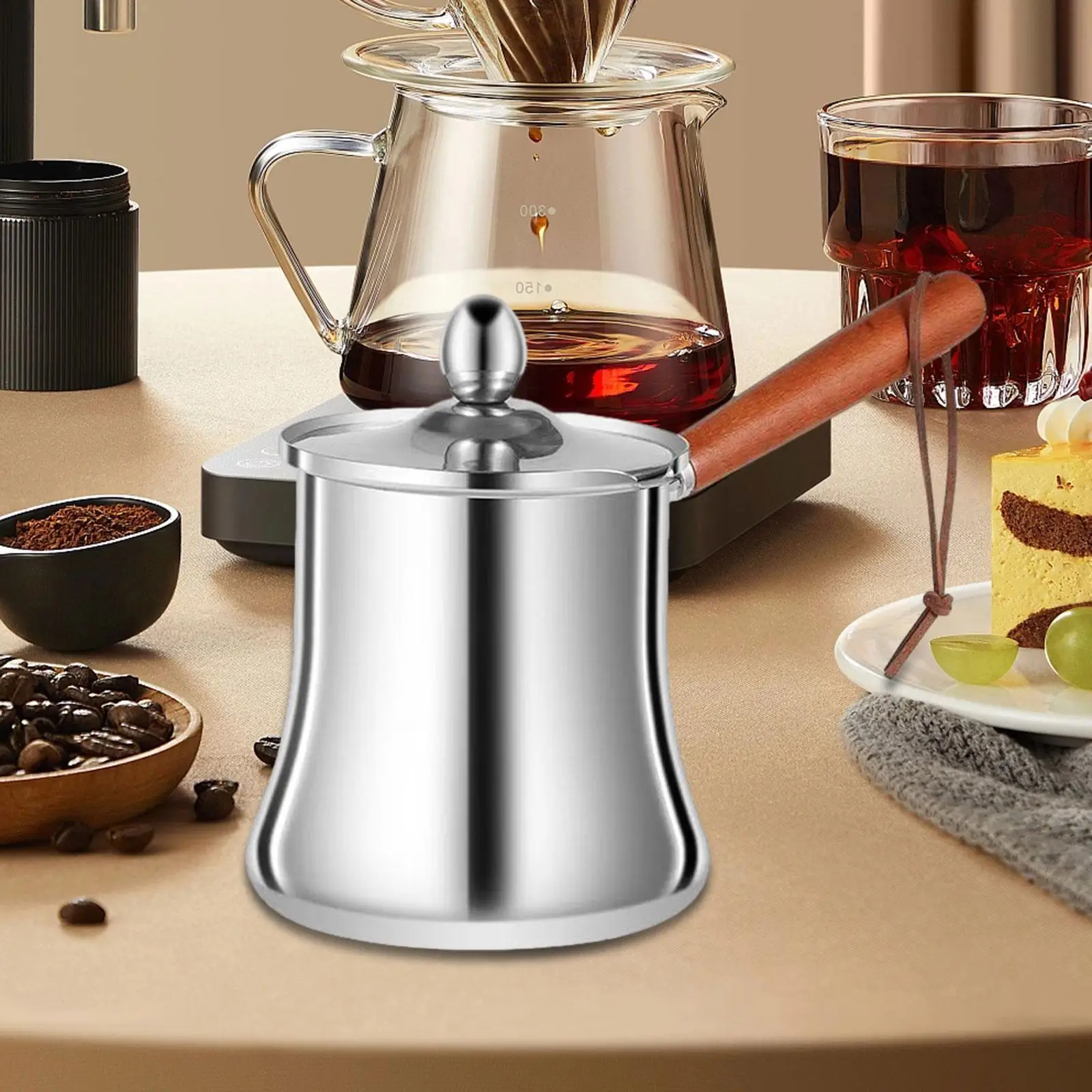 Coffee Pot Turkish Stainless Steel Milk Warmer Long Heat Resistant Wooden Handle Small Boiling Pan for Restaurants Cafes
