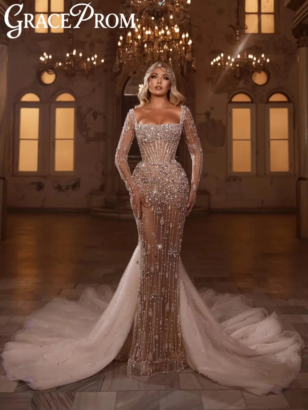 

Мерцающее вечернее платье с жемчугом и бисером, очаровательное свадебное платье с квадратным вырезом и длинными рукавами, роскошные банкетные платья по индивидуальному заказу