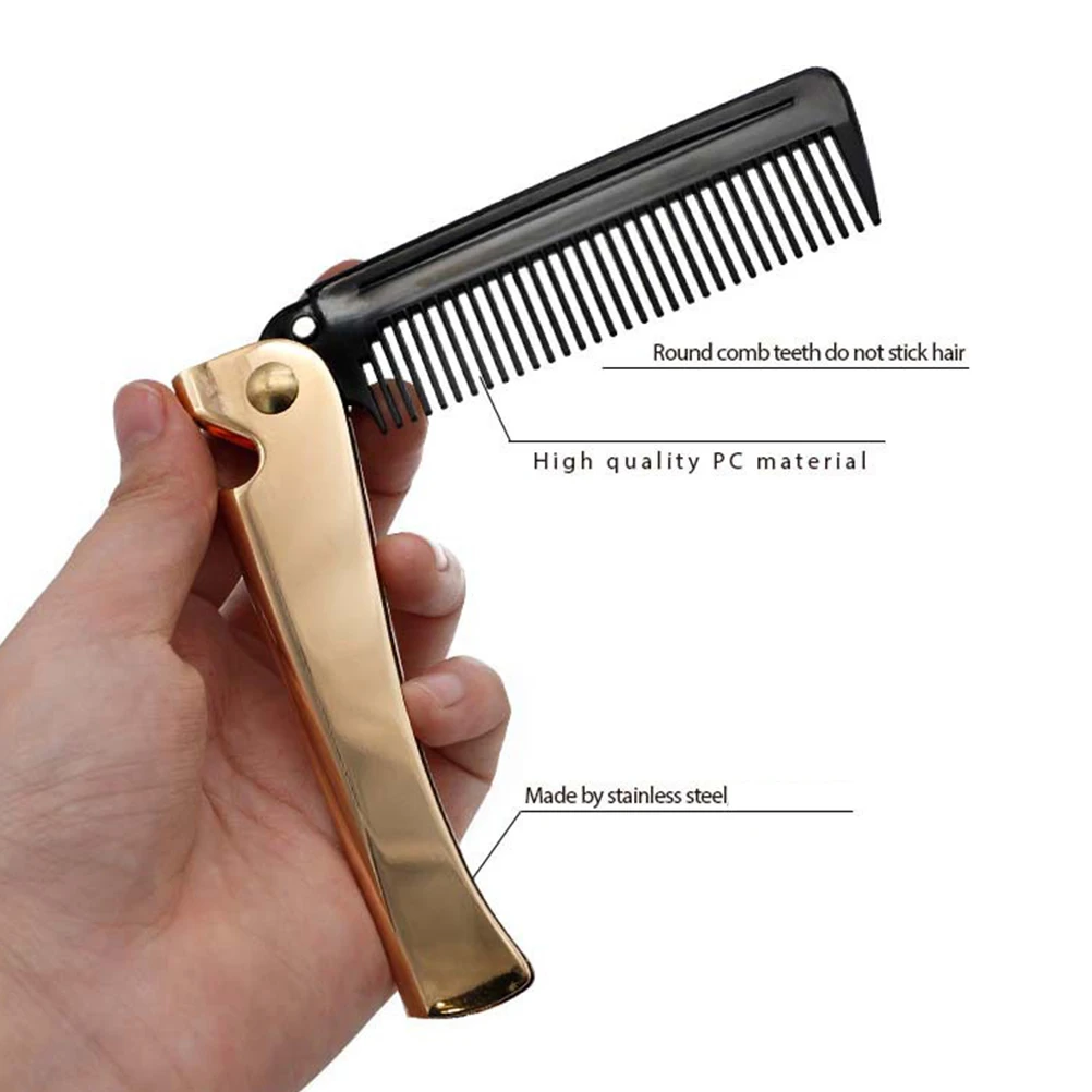 Pettine per capelli dorato pieghevole in acciaio inossidabile Denti lisci antigraffio Pettine portatile per uomo Barba Toelettatura Parrucchiere antistatico