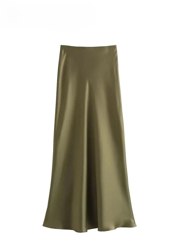 2023 Y2K Casual Vrouwen Lange Rok Lente Elastische Hoge Taille A-lijn Casual Vrouwelijke Satijnen Rokken High Street Lady Rokken