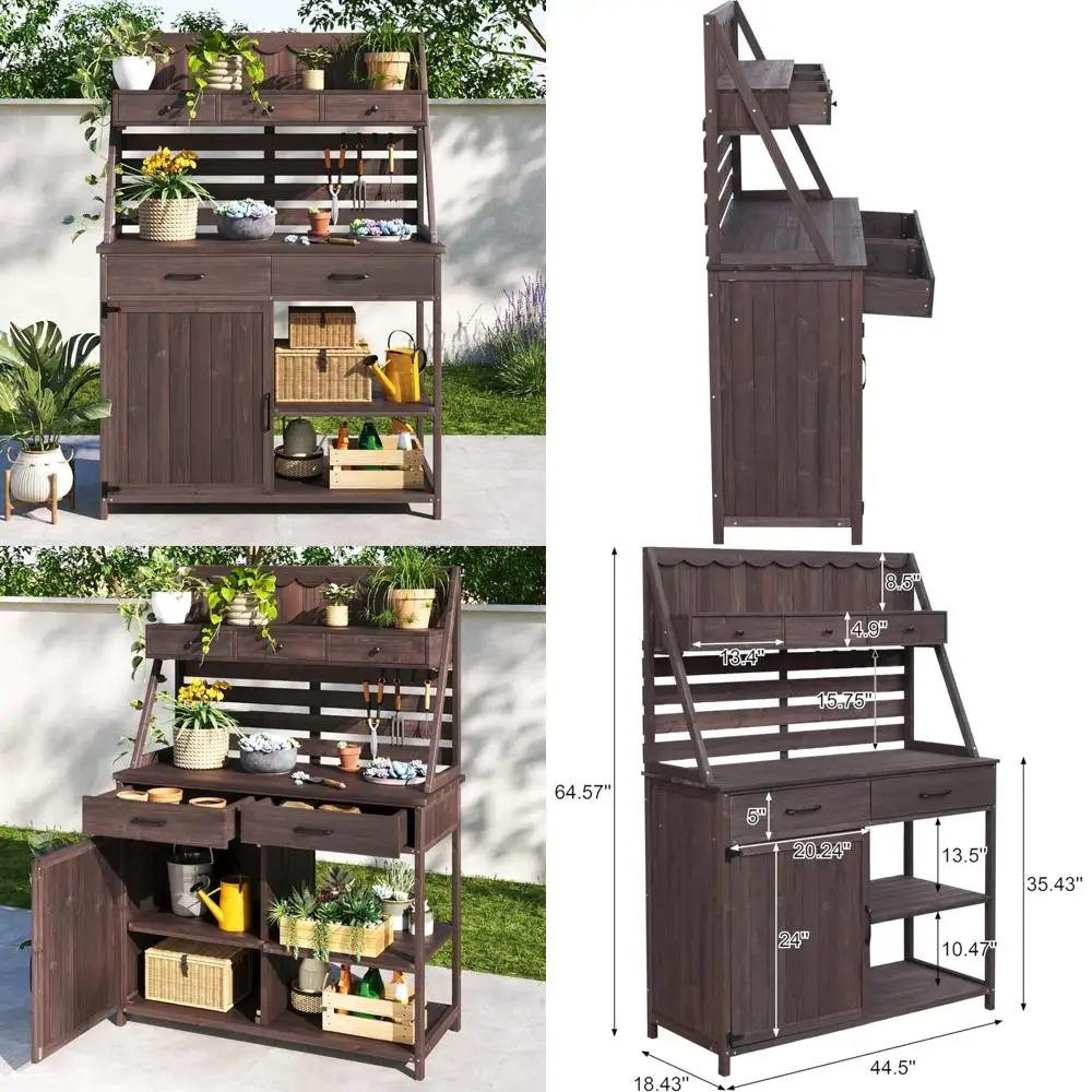 مقعد تخزين خارجي من خشب التنوب مع مساحة تخزين و5 أدراج، لوحة خلفية شرائحية لتنظيم زراعة الحديقة