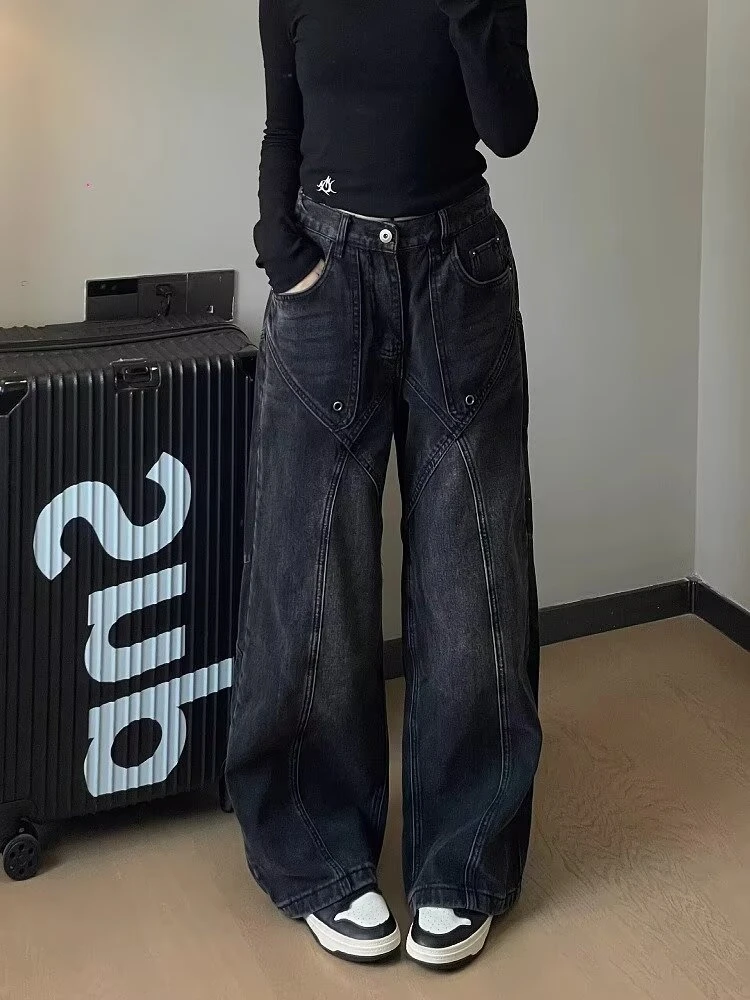 

American Vintage Distressed Washed Patchwork Straight Jeans Unisex Loose Casual Streetwear Wide Leg Cargo Denim Pants