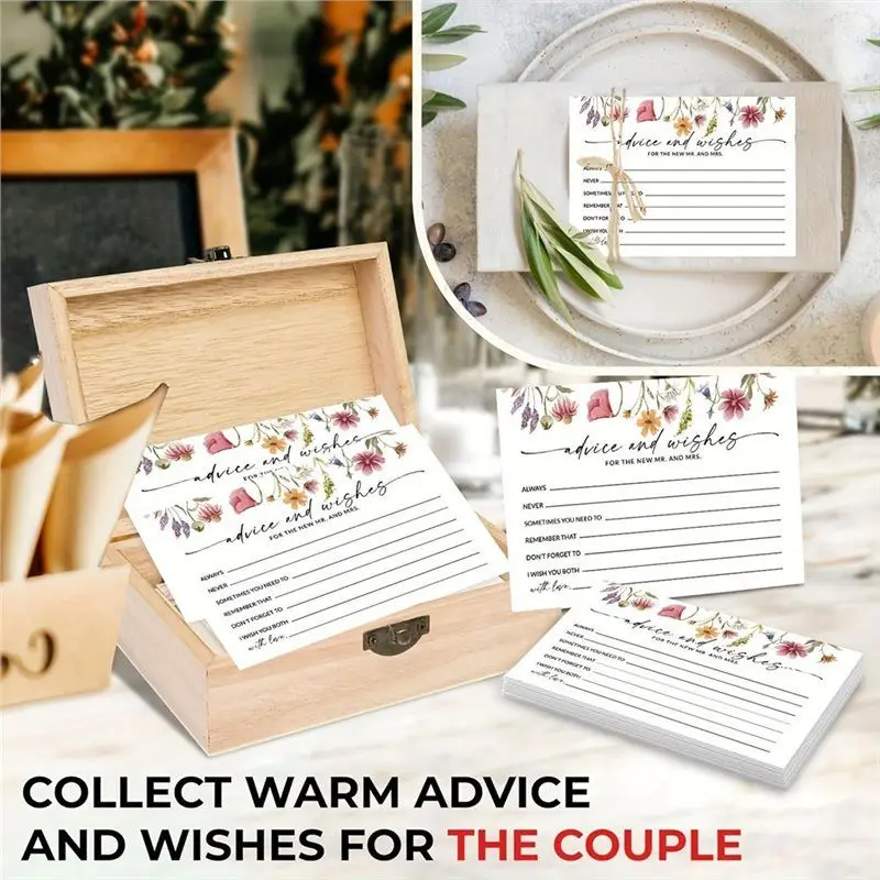 BNVN-Wooden Storage Box With Metal Lock For Home Party Decor 50 Card Postcard Organizer Wedding Advice Cards