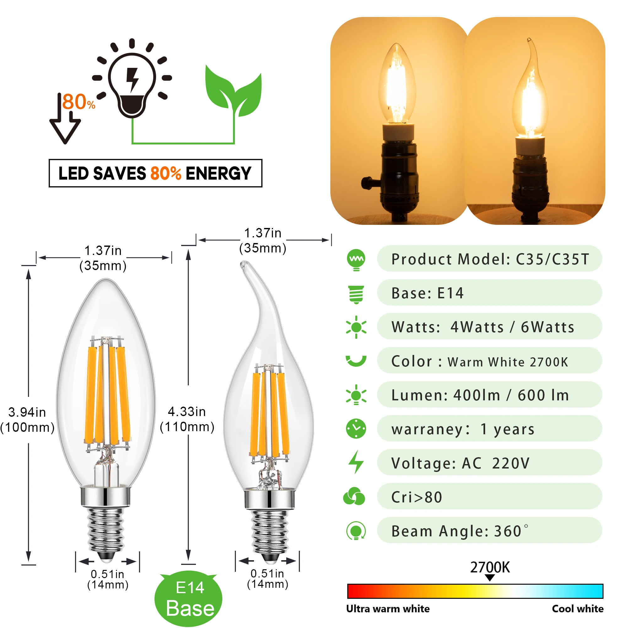 خمر C35 Led لمبة الدافئة الأبيض 4 واط 6 واط 220 فولت E14 خيوط شمعة مصباح عكس الضوء قلادة الثريا استبدال مصابيح كهربائية ديكور