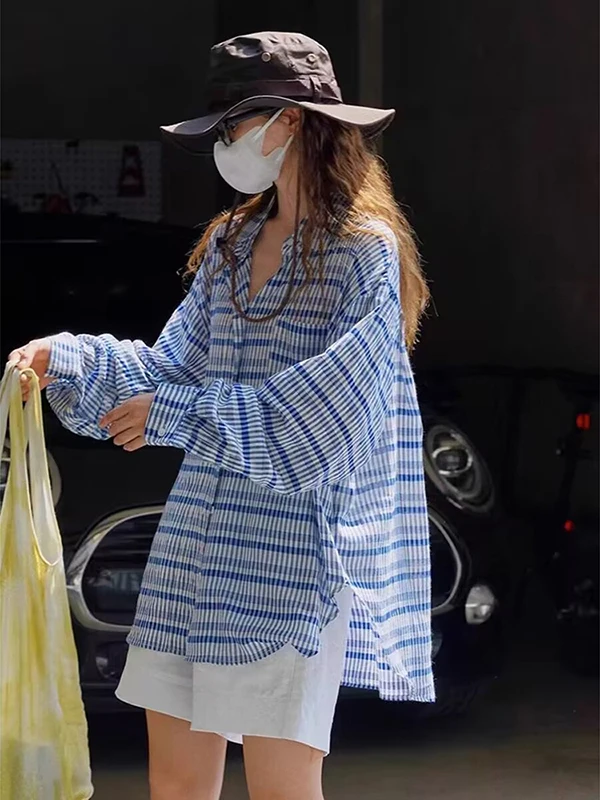 

Women's Striped Shirt Jacket Loose Long Sleeve Thin Sun Protection Top Commute Style Korean Version Daily Wear Button Closure