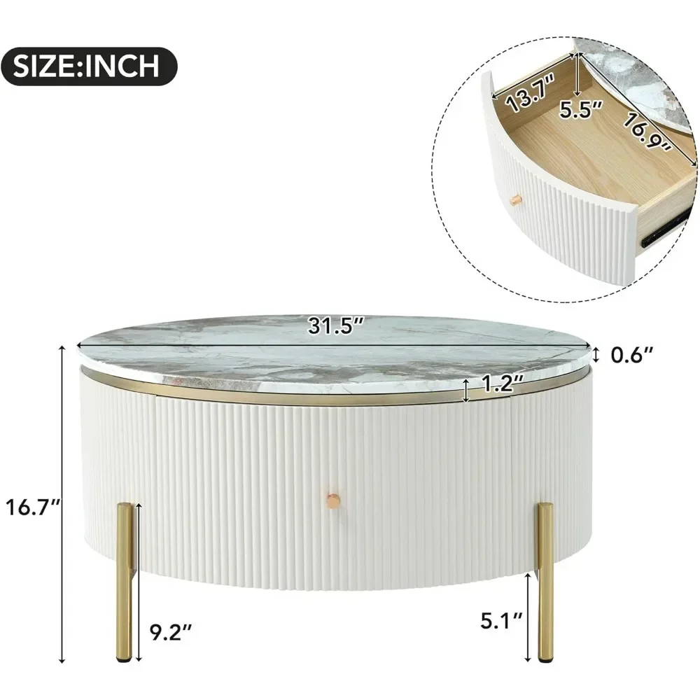 Tables centrales circulaires avec plateau en marbre, table basse avec égouts de proximité, tambour rond avec pieds dorés