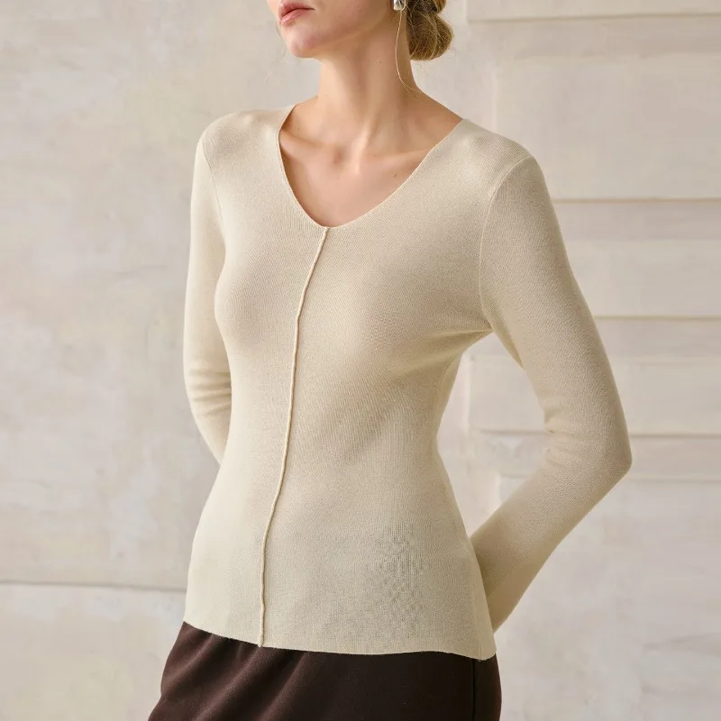 Women's Knitted Wool T-Shirts V-Neck Long Sleeve Slim Fit  Autumn Winter Pullover Sweaters Fashionable Casual Cashemere Tops