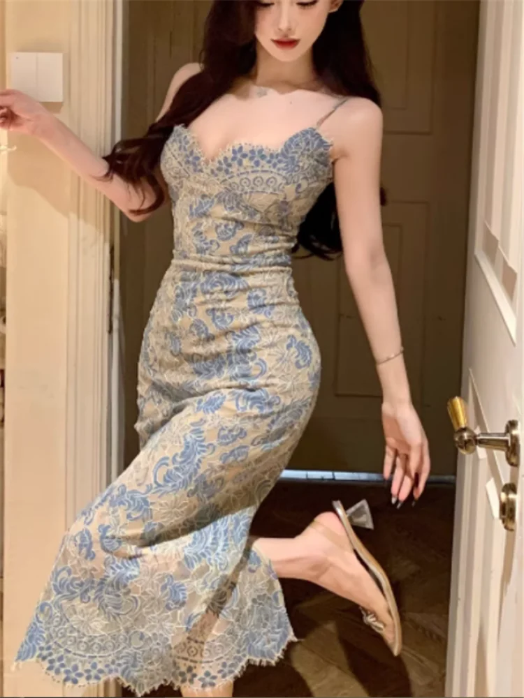 ヴィンテージ V ネックエレガントなブルー刺繍レースキャミソールロングドレス Vestidos 夏ノースリーブボディコン鉛筆イブニングパーティードレス