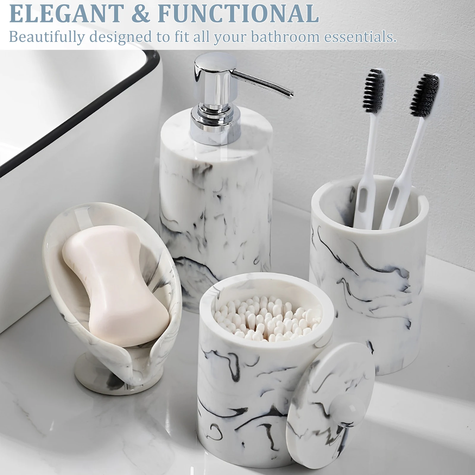 Bathroom Accessory Set Resin Bathroom Decor Accessories with Soap Dispenser Toothbrush Cup Cotton Swab Case and Soap Dish