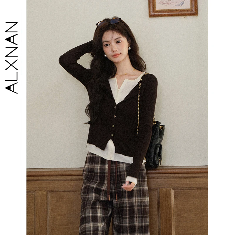 

ALXNAN Women's Trousers High-waisted Wide-leg Pants Plaid Pattern Loose Fit Draping Fabric Autumn Casual Versatile Pants L57803