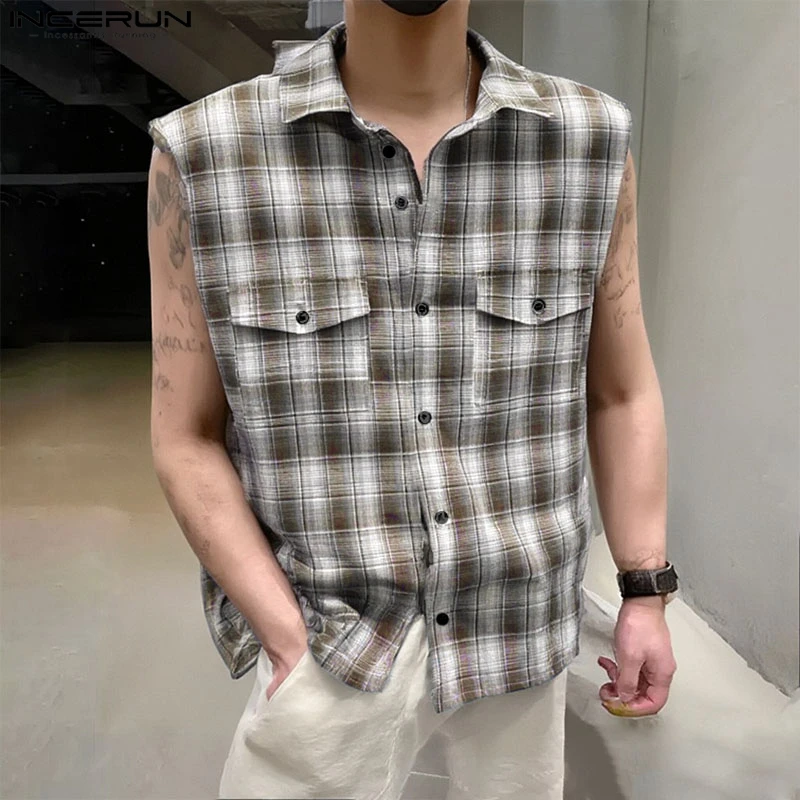 Incerun moda verão topos camisas masculinas sem mangas camisa xadrez lapela t roupas masculinas casuais masculino streetwear oversize S-5XL
