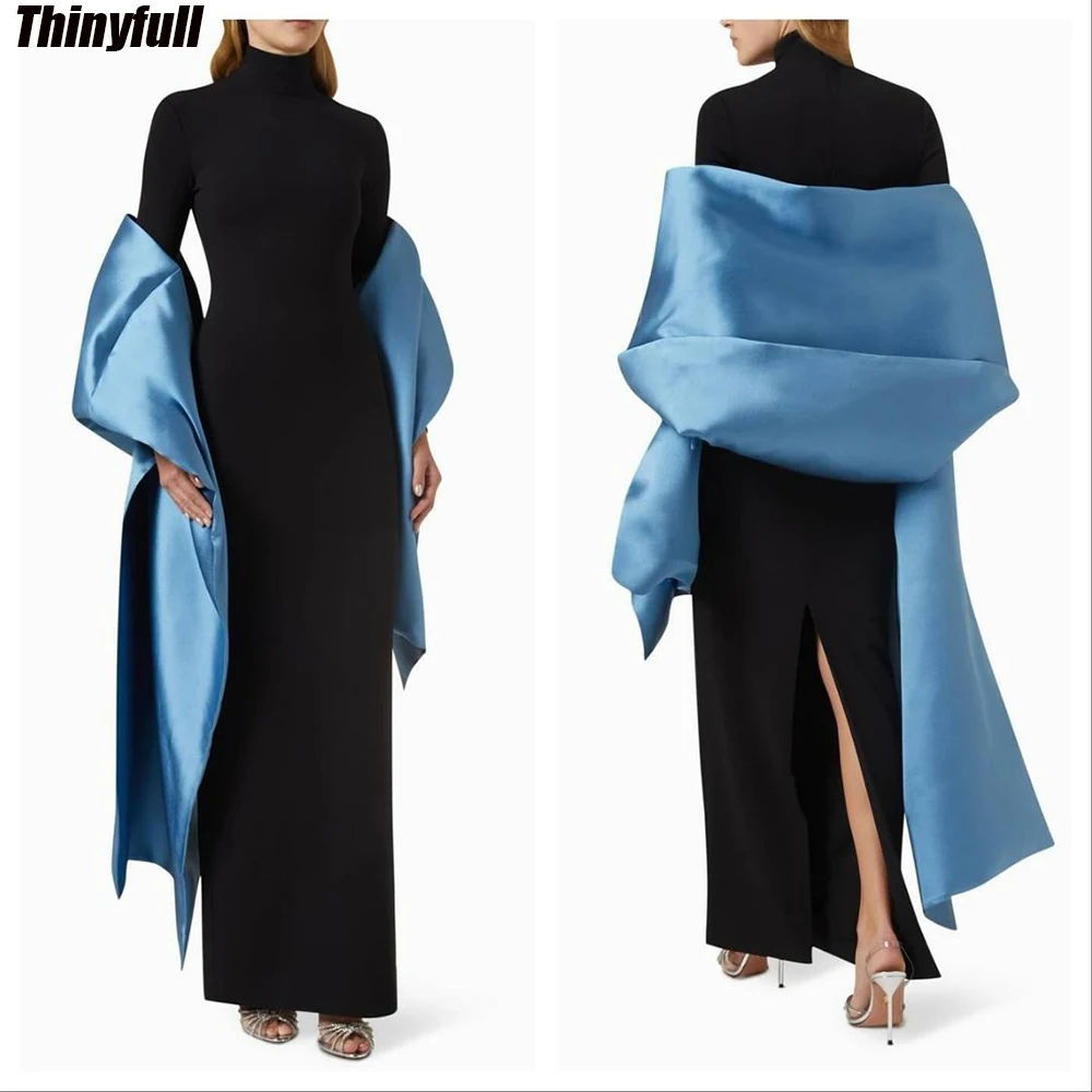 Thinyfull Mermaid Long Sleeves Dubai  Prom Dresses High Neck Satin Evening Party Gown Split Formal Occasion Dress Customized