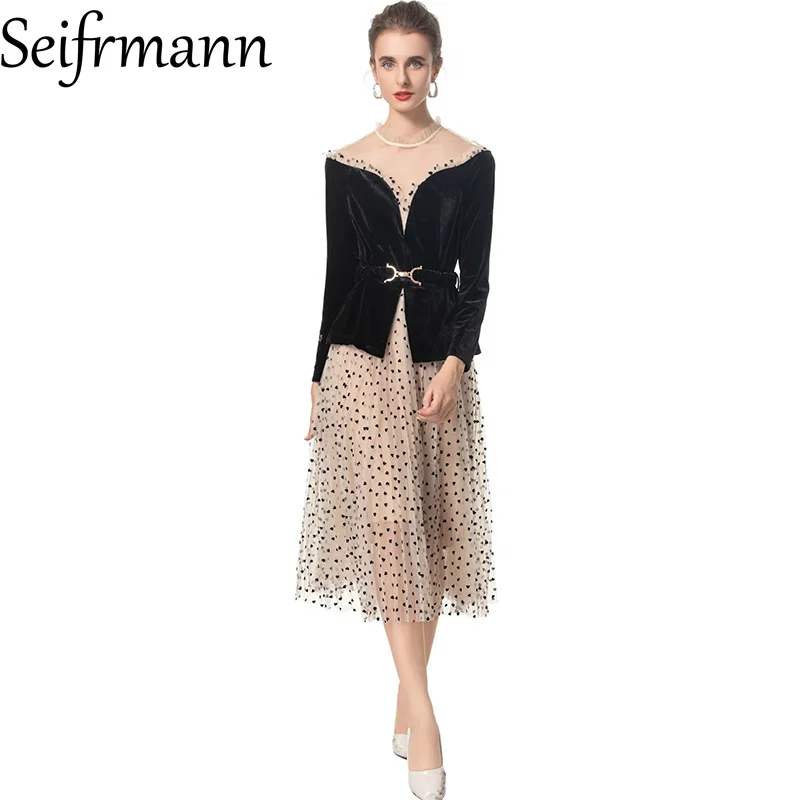 

Seifrmann 2026 Summer Women's New Fashionable Stand up Collar Long Sleeve Mesh Splicing Velvet Top+Printed Half Skirt Set