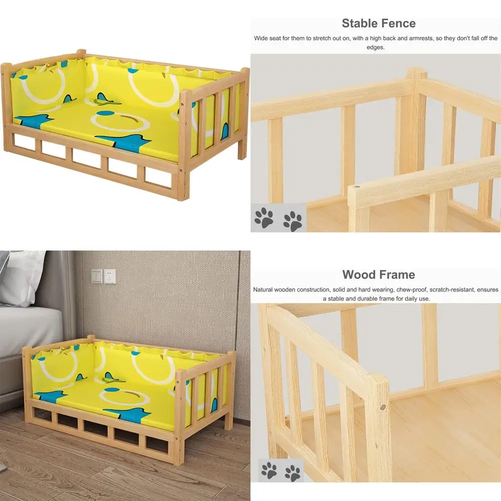 

Приподнятые деревянные кровати для собак с желтым матрасом, размеры 45–90 см, подходят для внутреннего и наружного использования, диван-кроватка от маленького до среднего размера