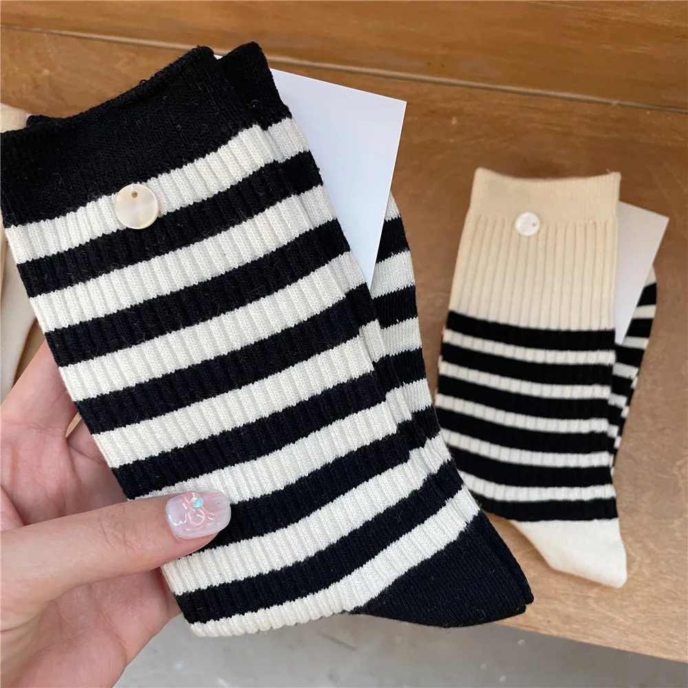 SP&CITY Casual Stripe Button Mid Tube Socks Women's College Style Double Needle Breathable Cotton SocksVintage Daily Sock