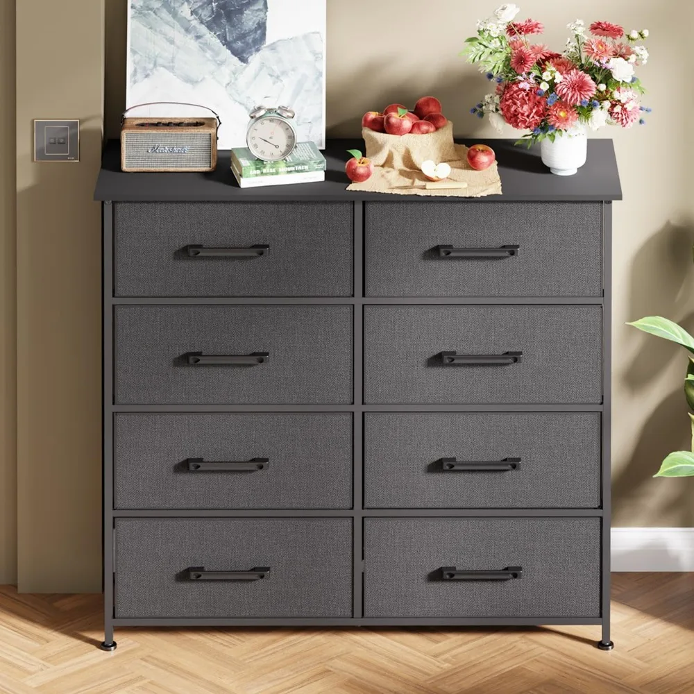 خزانة قماش ذات 8 أدراج بإطار معدني وسطح خشبي، برج تخزين طويل للخزانة، غرفة المعيشة، مدخل باللون الرمادي