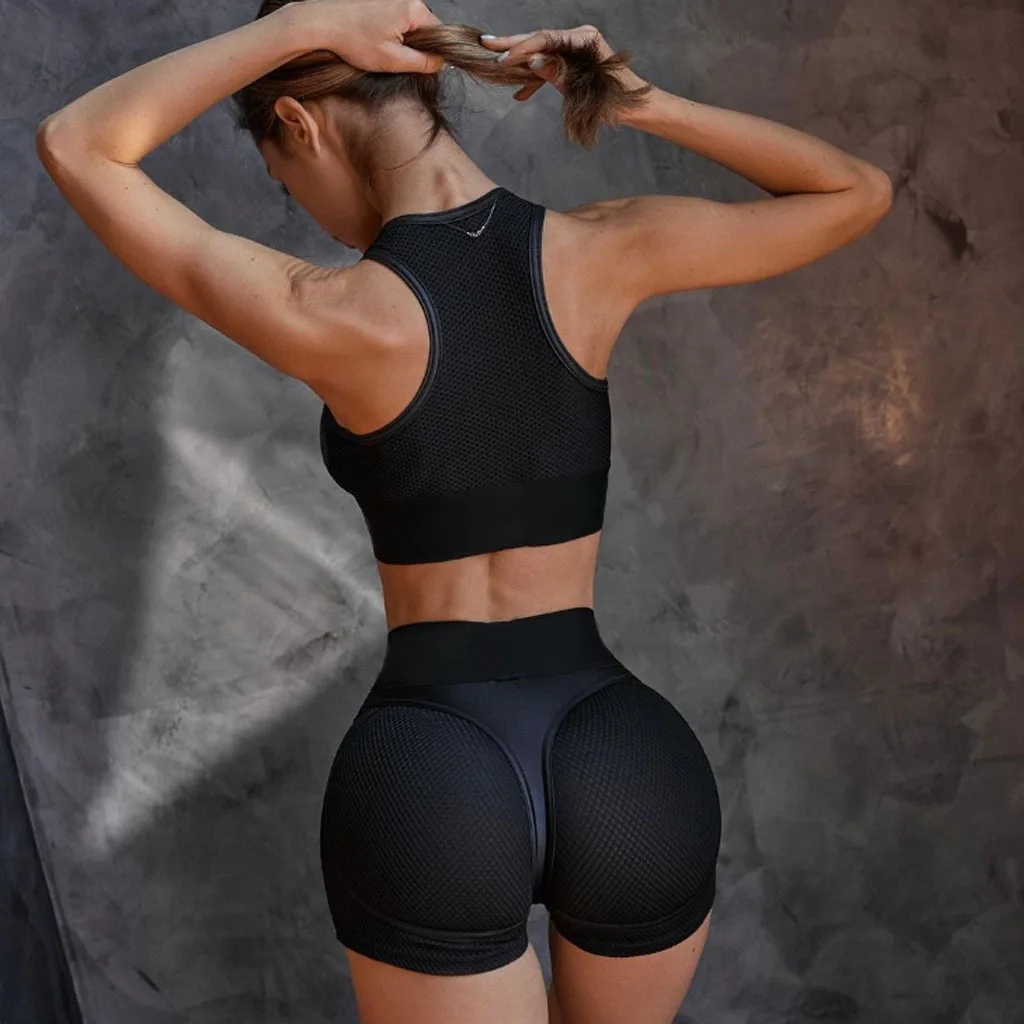 

Mesh Gym Sets Womens Outfits Sexy Sport Bra Shorts Set Summer Workout Clothes Yoga Fitness Active Wear Black Patchwork 2024