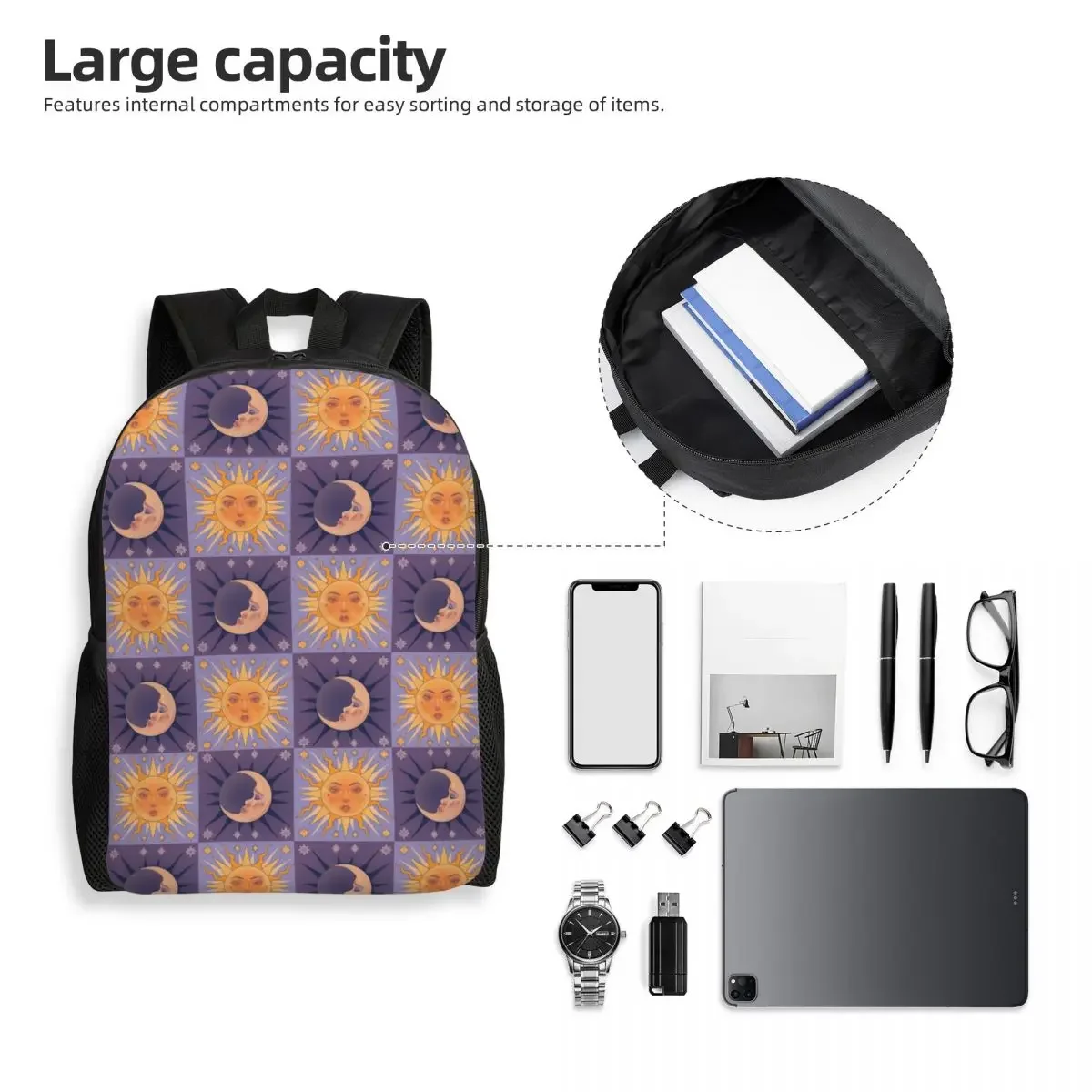 Custom Sun And Moon Print Backpack for Men Women Waterproof College School Bag Printing Bookbags