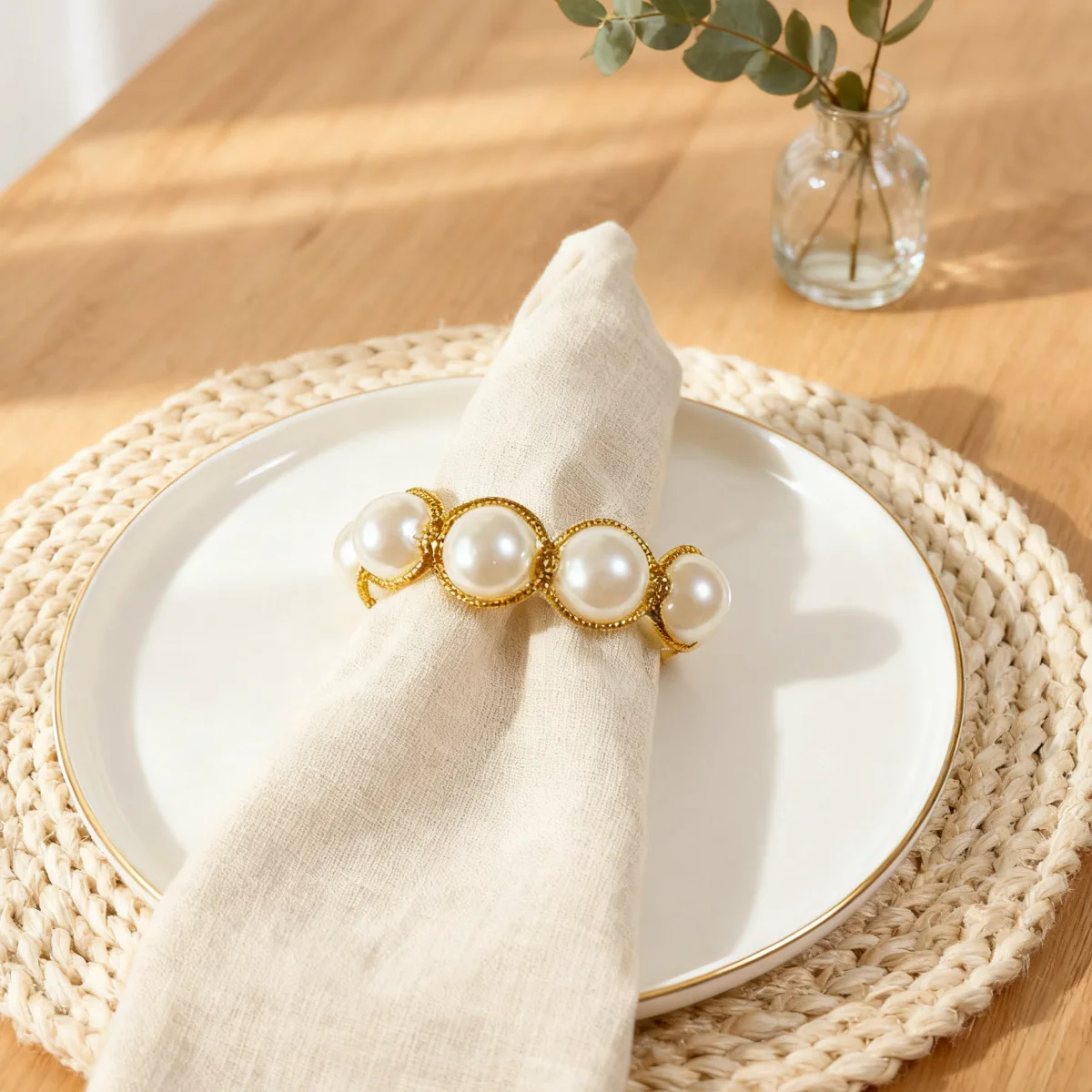 Hotel Western Restaurant Pearl Napkin Ring Handmade Weaving Napkin Buckle Decorative Napkin Ring 6pcs