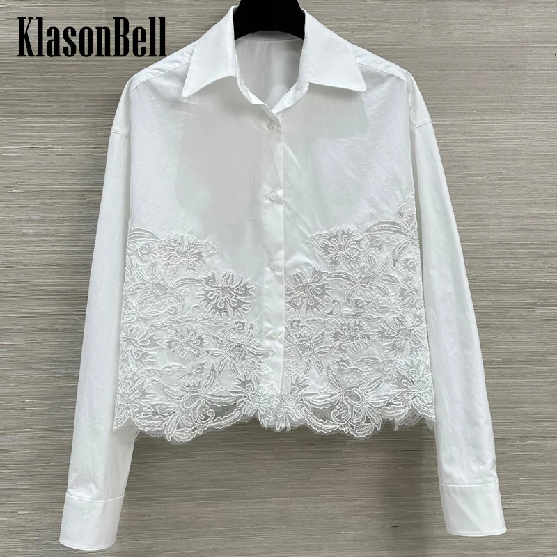 

7.24 KlasonBell Lace Embroidery Spliced Hem Short Blouse Women Classic Turn-down Collar Loose Shirt