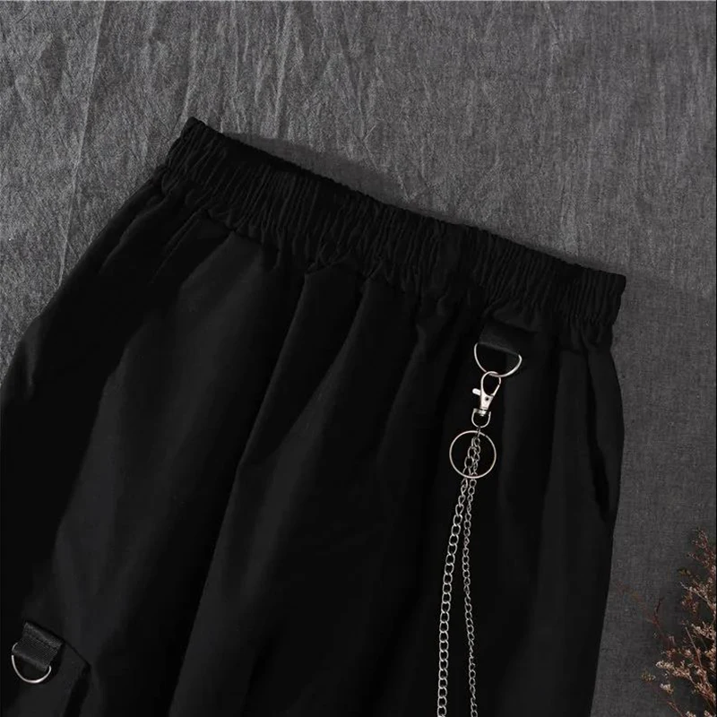 Spring Autumn Women Harajuku Cargo Pants Handsome Cool Two-piece Suit Chain Long Sleeve+Ribbon Pants