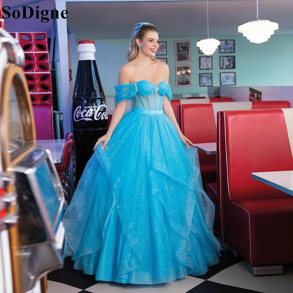 

SoDigne Glitter Blue Evening Dresses Off Shoulder A-Line Beading Lace-up Party Dress Princess 2024 Sparkly Prom Gowns Customized