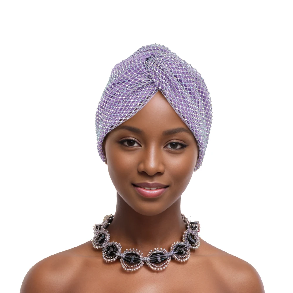 Luxo diamante malha turbante para mulheres, envoltórios cabeça feminina africana, chapéu muçulmano, Nigéria Headwear