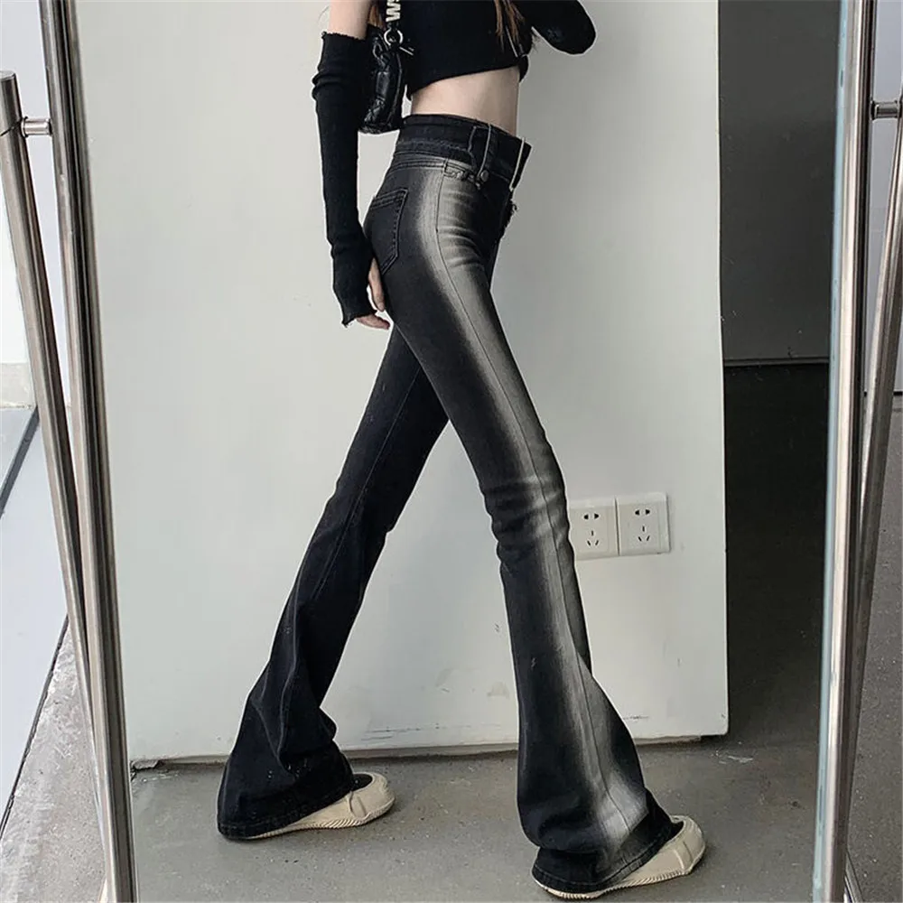 With Belt Gradient Vintage Jeans Women Spring High Waist Y2k Streetwear Trousers Korean Fashion Gothic Skinny Flare Denim Pants