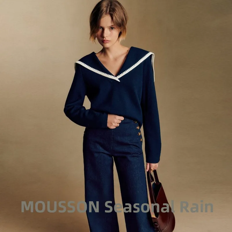 

Autumn Winter New Style Women's Naval Collar Large Collar Deep Blue Whitening Low Collar Mixed Knitted Sweater Long Sleeve