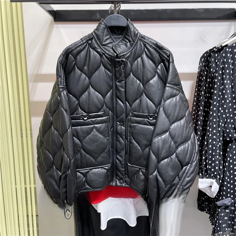 

Spring Autumn Lightweight ort PU Leather Jaet Quilted Pattern Women's Fake Leather Cotton Coat Zipper Closure Long Sve