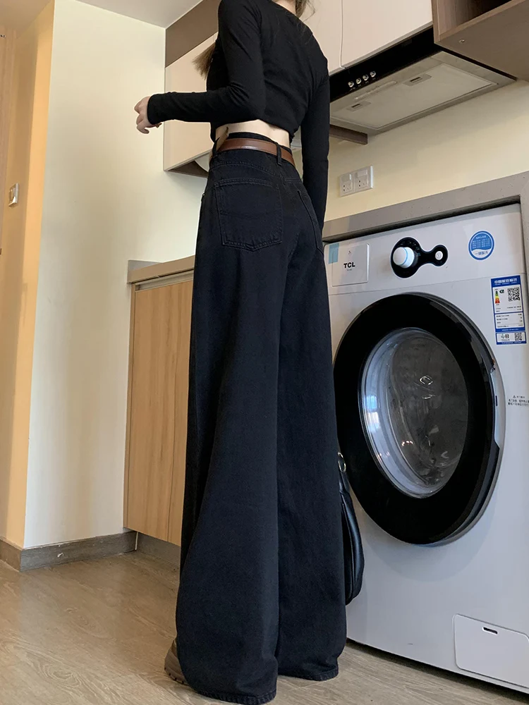 جينز أسود بسيط بأرجل واسعة للنساء عالي الخصر فضفاض غير رسمي مستقيم من قماش الدنيم بنطلون ربيع الخريف متعدد الاستخدامات #4