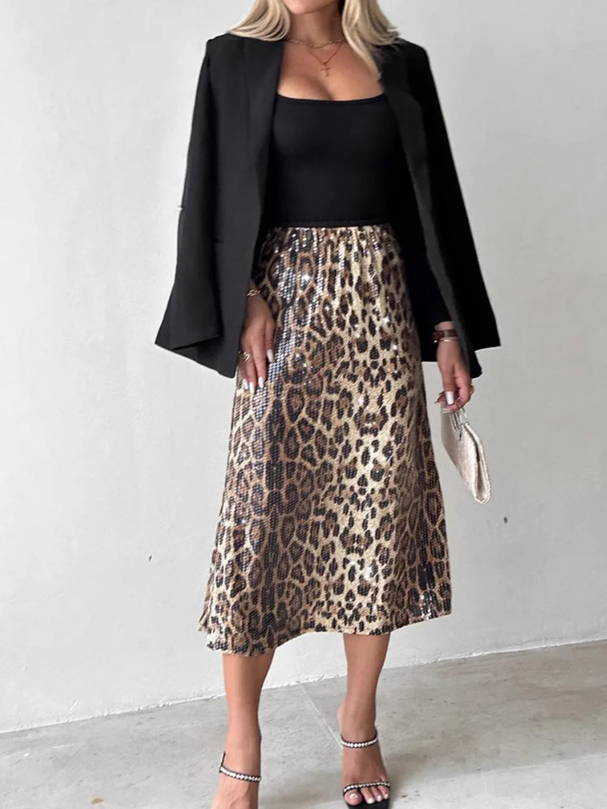 

Ele Busin High Waist Midi Leopard Print f Skirt Faionable Commute A-Line Skirt Women Long Skirt