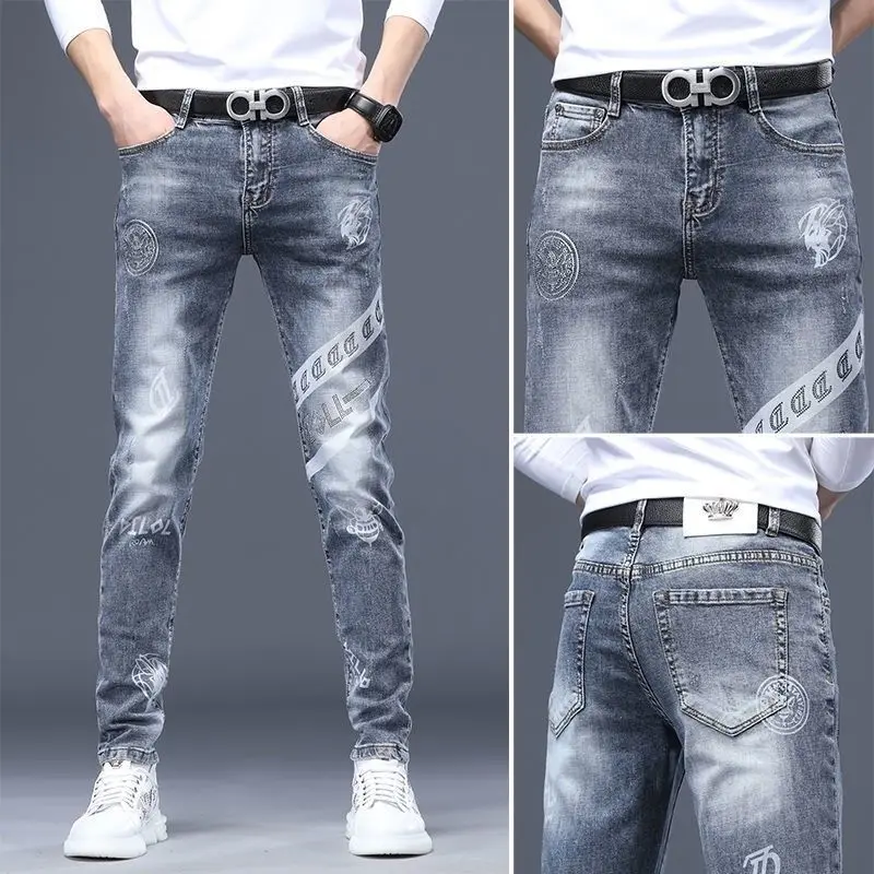 High-End Stijlvolle Klassieke Opvallende Bedrukte Zwarte Stretch Denim Jeans Voor Heren Van Hoge Kwaliteit Slim Fit Stretch Luxe Denim Broek