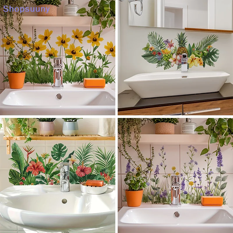 [SU]Fresh Floral Pattern Sink Area Background Wall Sticker Bathroom Wall Decoration Self-Adhesive Removable Waterproof
