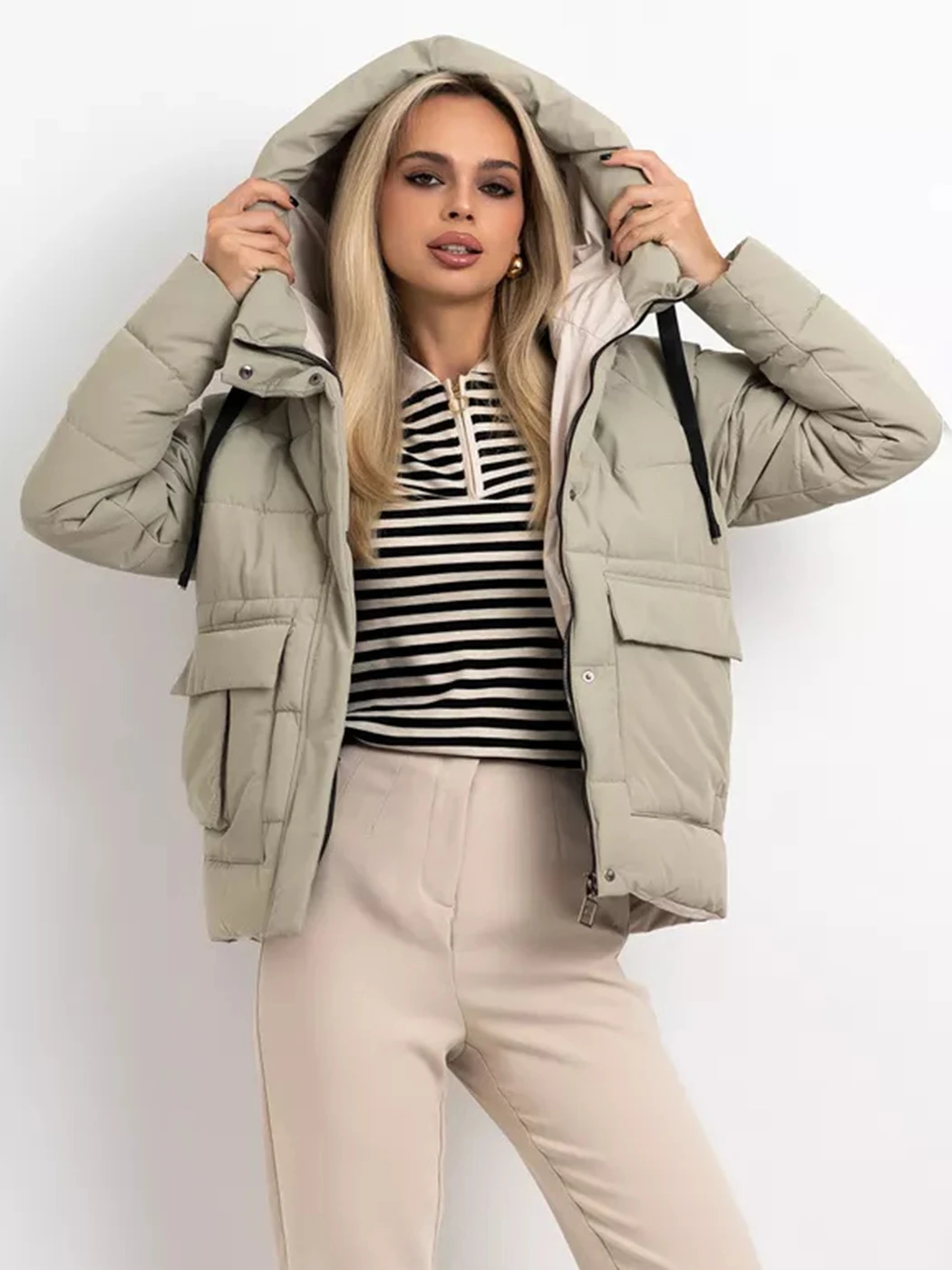 

New Autumn Casual Khaki Cotton Jackets Double Pocket Loose Winter Coats Fashion High Neck Zipper Hooded Outerwears 2024