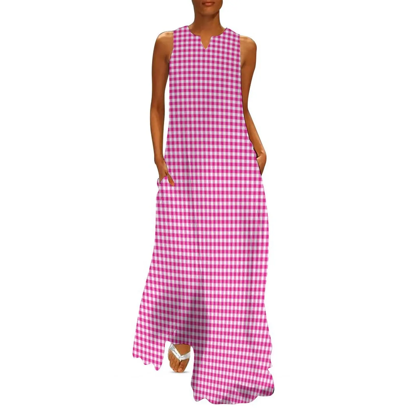 

Fuchsia White Gingham Check Long Dress dresses for official occasions wedding dresses for woman