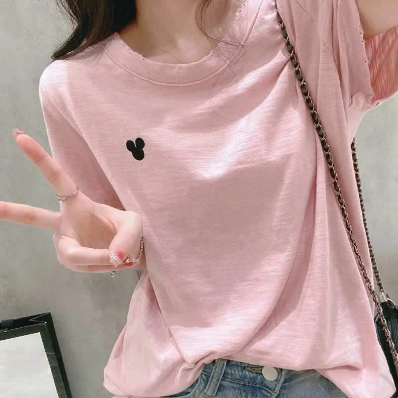 

Korean Fashion Summer T-Shirts New Women's O-Neck Embroid Hole Distressed Simplicity Office Lady Casual Loose Short Sleeve Tops