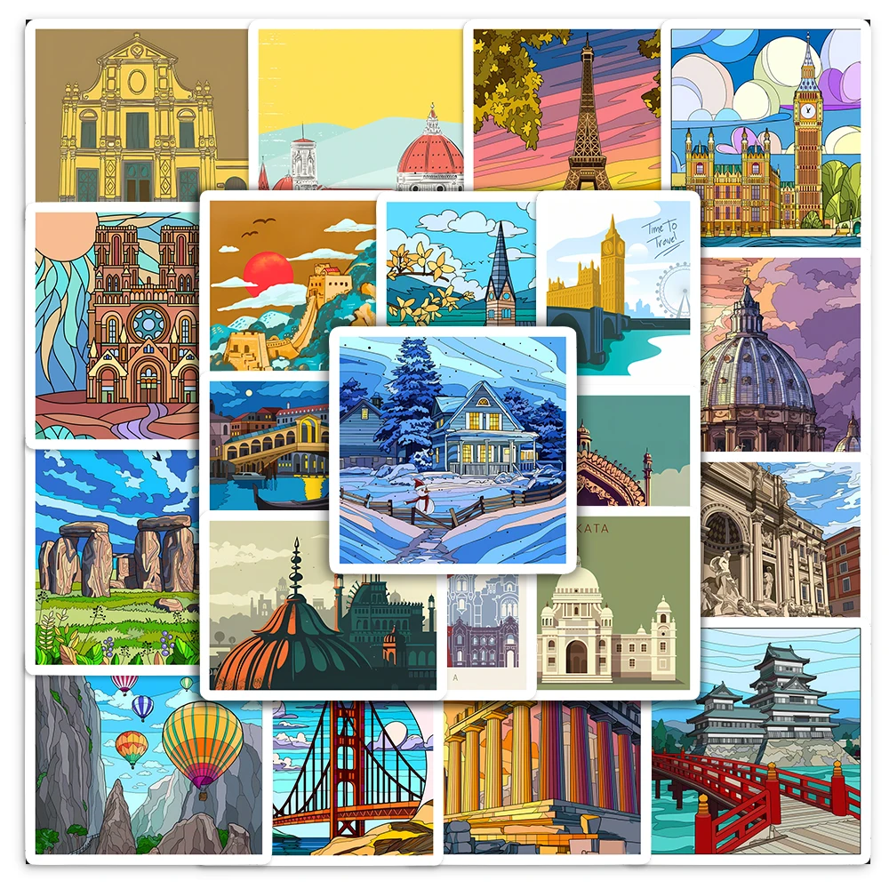 Travel Landmark Famous Architecture Stickers DIY Kids Toys Gift Waterproof Decal for Journal Scrapbook Laptop Luggage Decorative