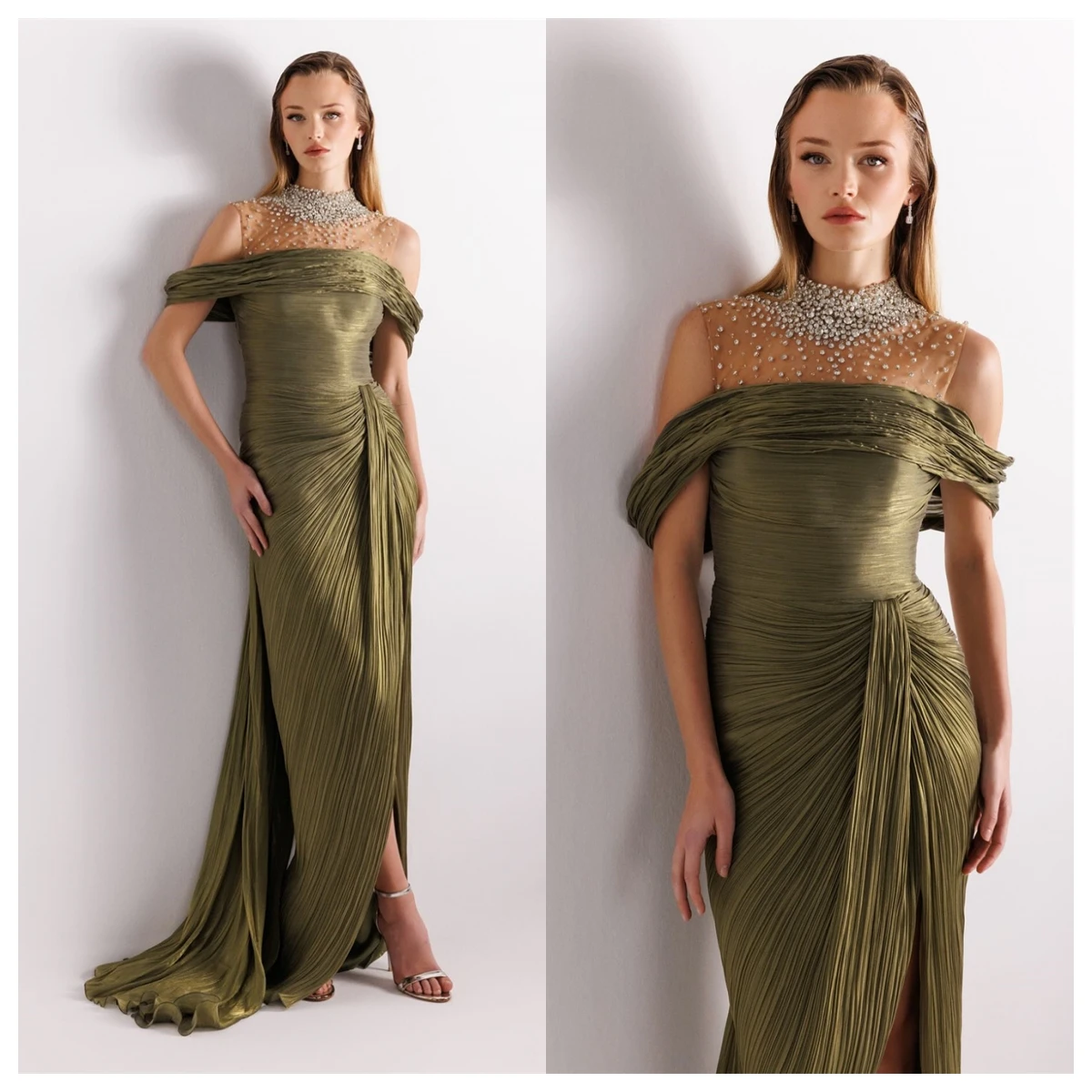 

Customized Luxury Green Satin Evening Dress O-Neck Off the Shoulder Sleeveless Bespoke Occasion Gowns Bridal Party Crystal