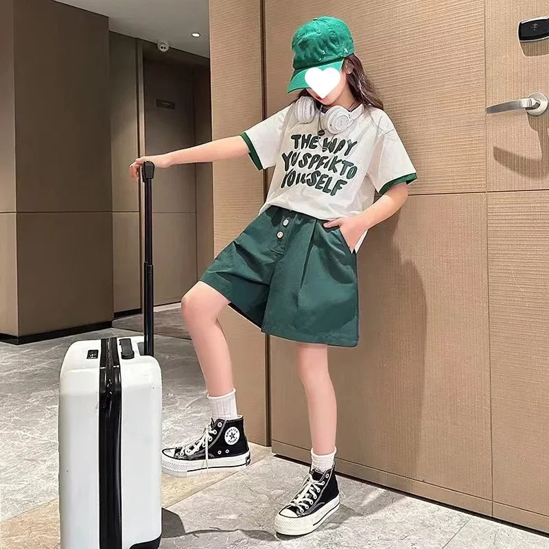 Girls Summer Casual Korean Style Letter Short Sleeved T-shirts+Short Pants 2pcs Suits 5-14 Years Student Kids Clothes Sets  987