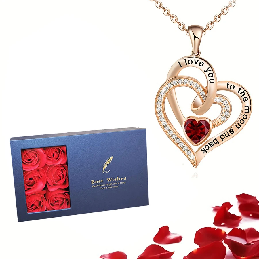 I Love You To The Moon And Back Necklace With 6 Rose Luxury Gift Box Set For Women Lover Christmas Gift 2024 Romance Accessories