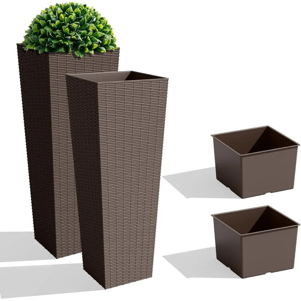 

Resin Rattan Tall Planters with Drainage & Trays, 32 Large Tapered Pots for Outdoor Garden, Patio, Porch, Backyard (Brown)