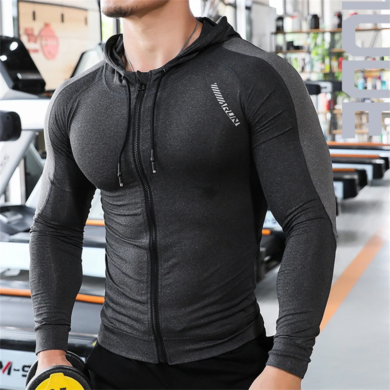 Men Compression Elastic Hoodies Gym Sport Running Training Fitness Sportswear Bodybuilding Sweatshirt Hooded Jacket Male Jackets