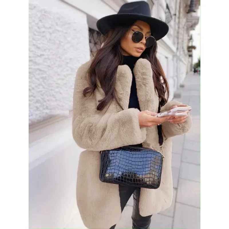 Europese Amerikaanse Temperament Commuter Lange Mouw Revers Imitatie Bontjas Effen Kleur Warm Plus Size Overjas Faux Bontjas