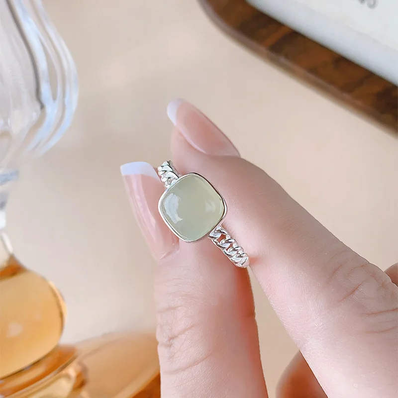 Elegance S925 Sterling Silver Ring Inlaid With Natural Hetian Jade, Women'S Traditional Style Small Square Elegant Southe